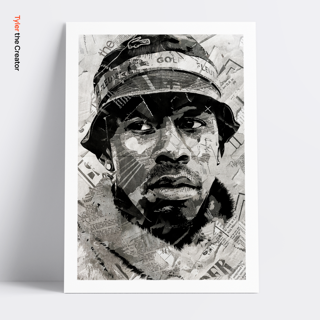 A Tyler the Creator poster design - a portrait of Tyler made using a collage of torn pieces of magazine pages in black and white.