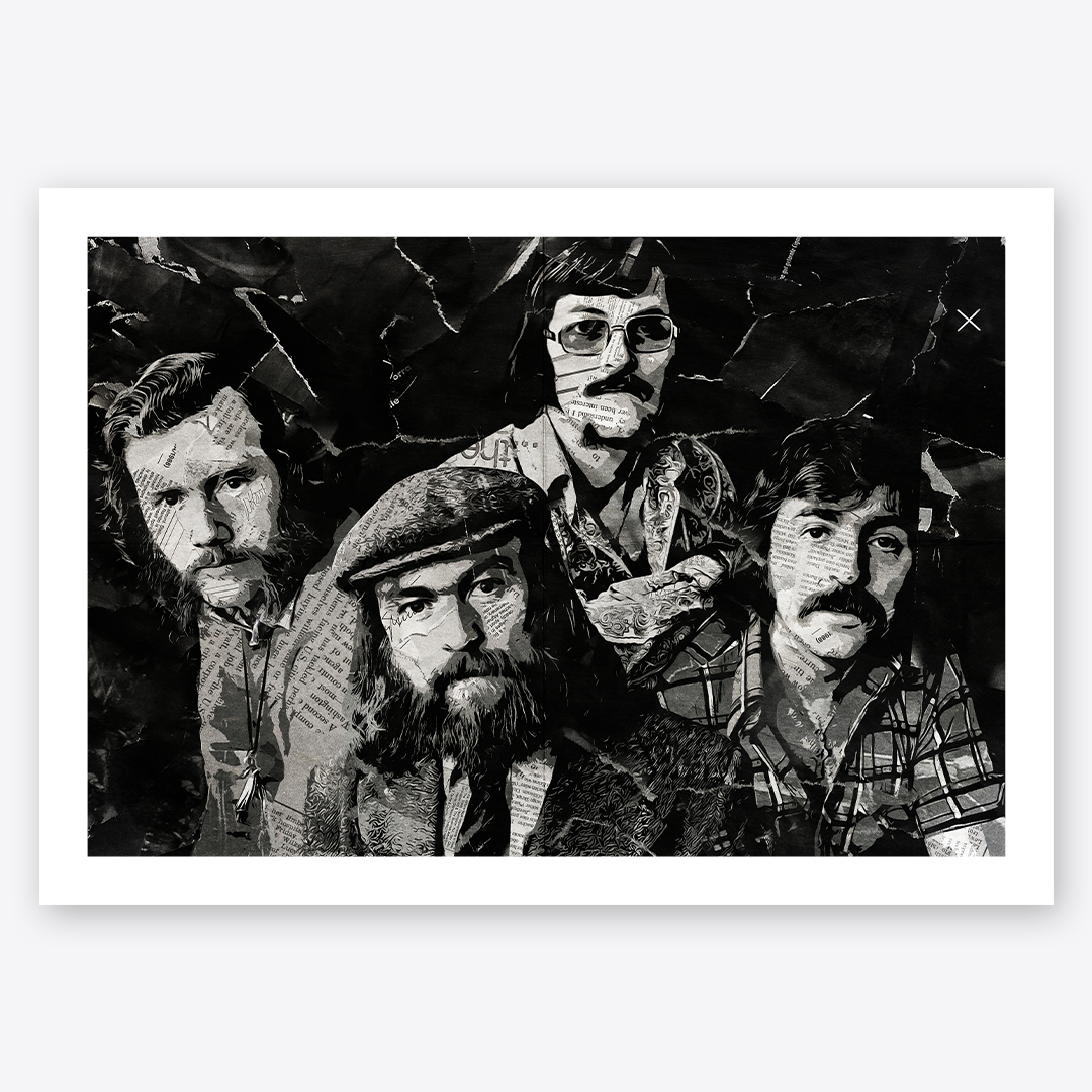 A Wolfe Tones poster design - a portrait of the band made using a collage of torn pieces of magazine pages in black and white.