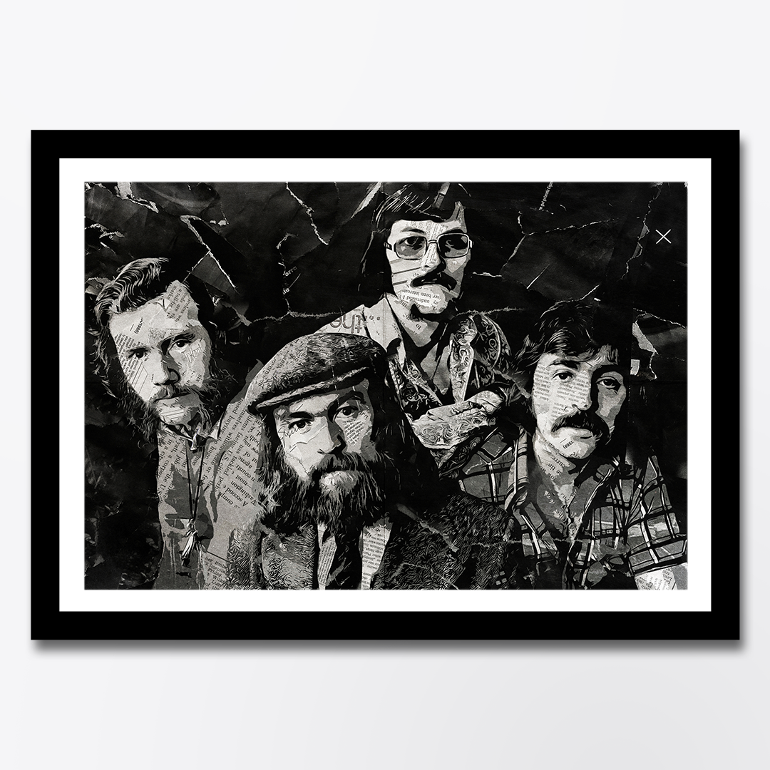 A Wolfe Tones poster design - a portrait of the band made using a collage of torn pieces of magazine pages in black and white.