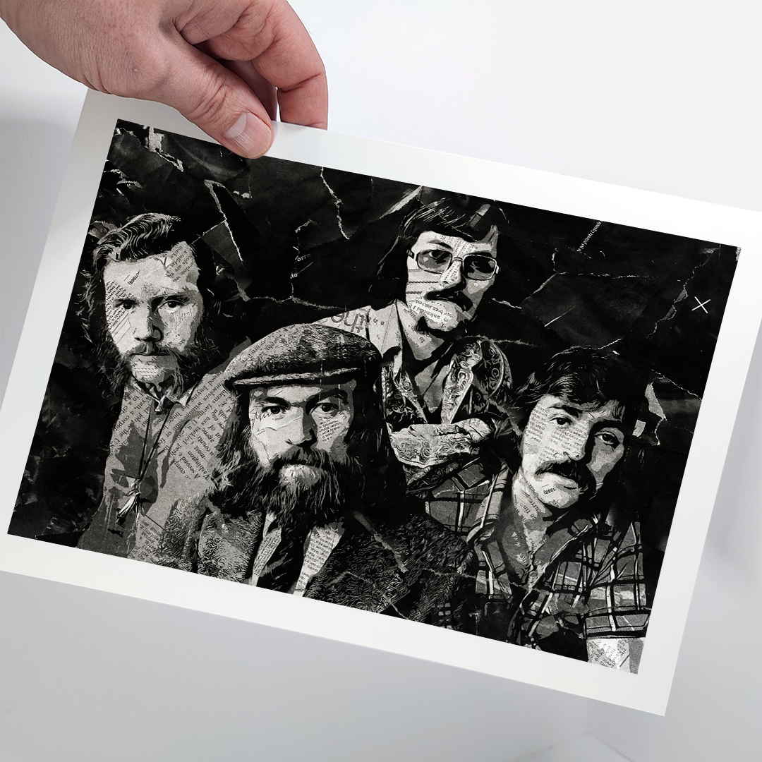 A Wolfe Tones poster design - a portrait of the band made using a collage of torn pieces of magazine pages in black and white.