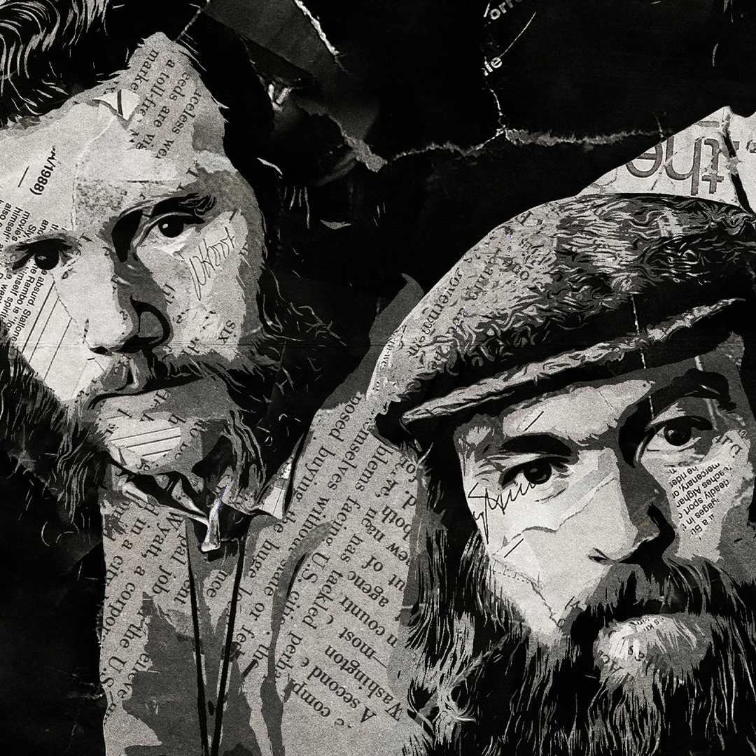 A Wolfe Tones poster design - a portrait of the band made using a collage of torn pieces of magazine pages in black and white.