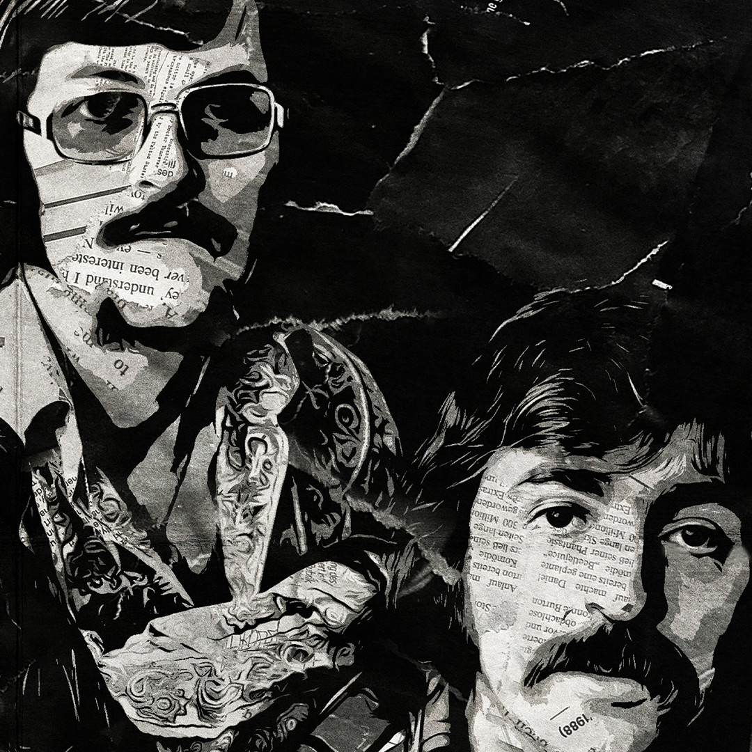 A Wolfe Tones poster design - a portrait of the band made using a collage of torn pieces of magazine pages in black and white.