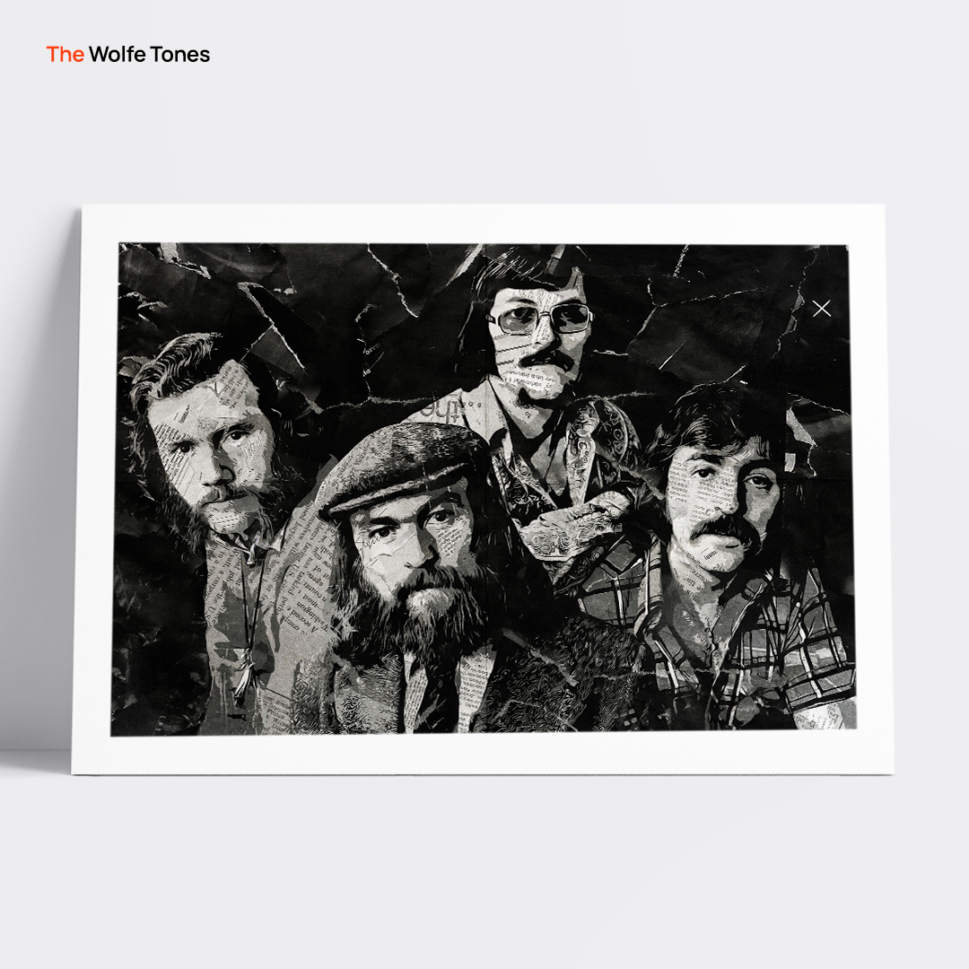 A Wolfe Tones poster design - a portrait of the band made using a collage of torn pieces of magazine pages in black and white.