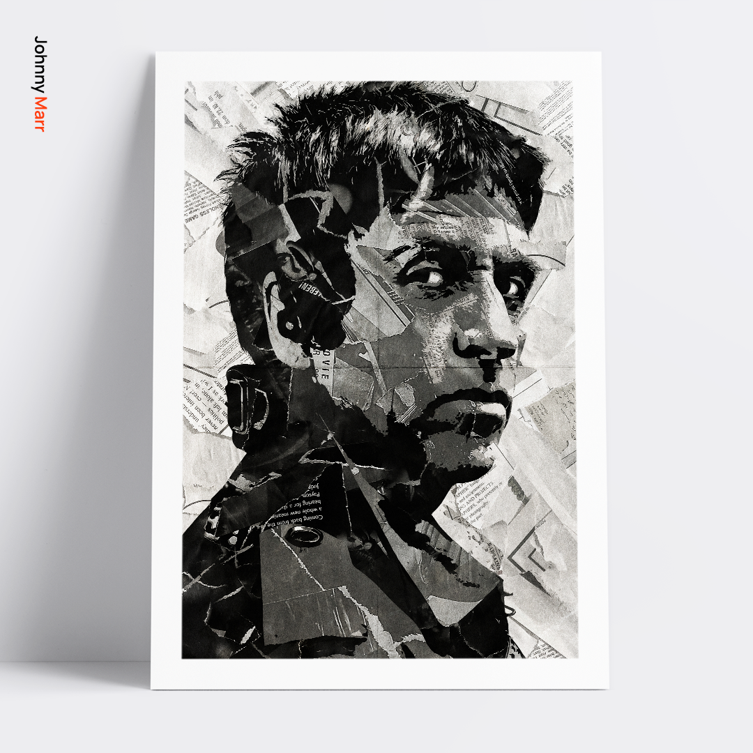 A Johnny Marr poster design - a portrait of Johnny made using a collage of torn pieces of magazine pages in black and white.