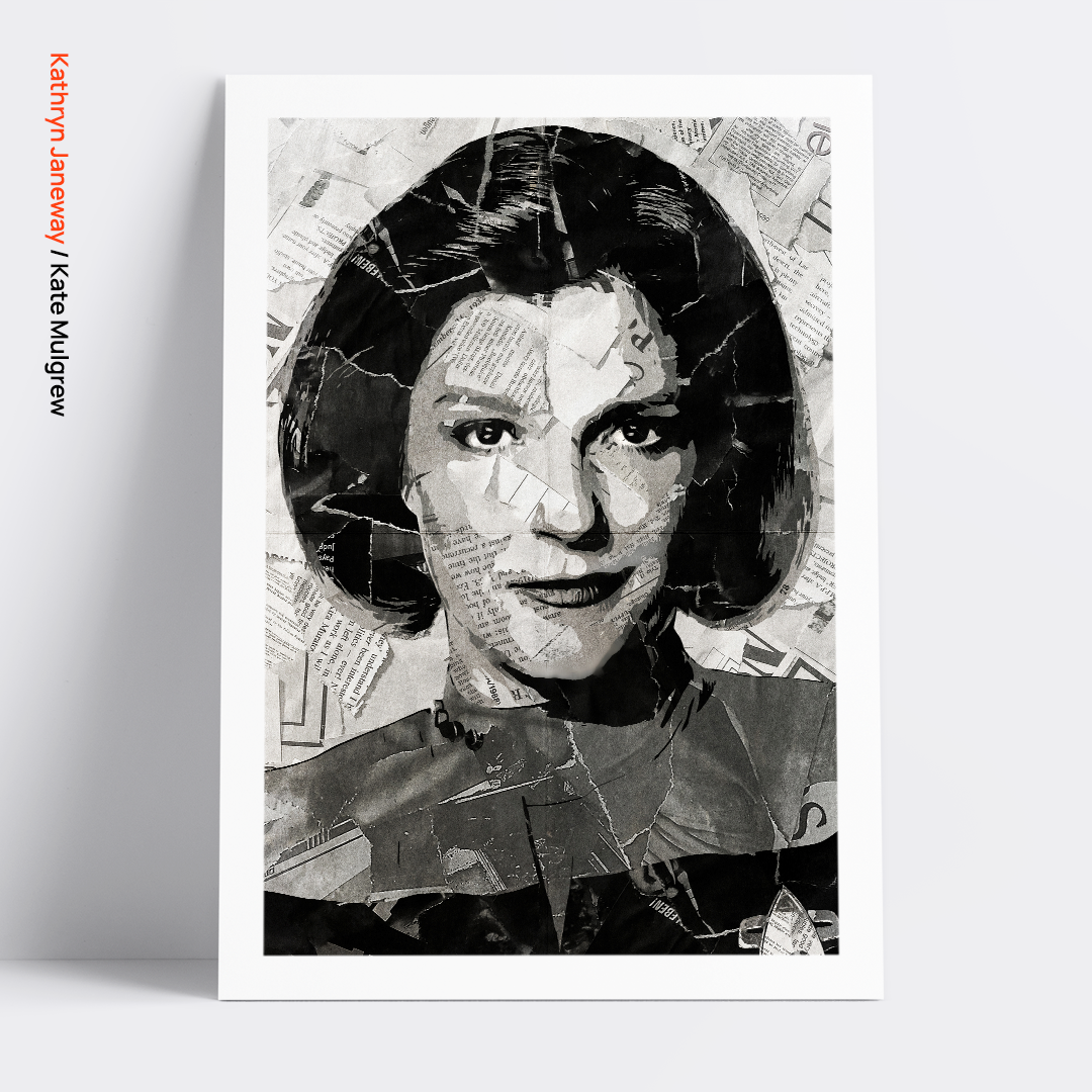 A Kathryn Janeway / Kate Mulgrew poster design - a portrait of Captain Janeway made using a collage of torn pieces of magazine pages in black and white.