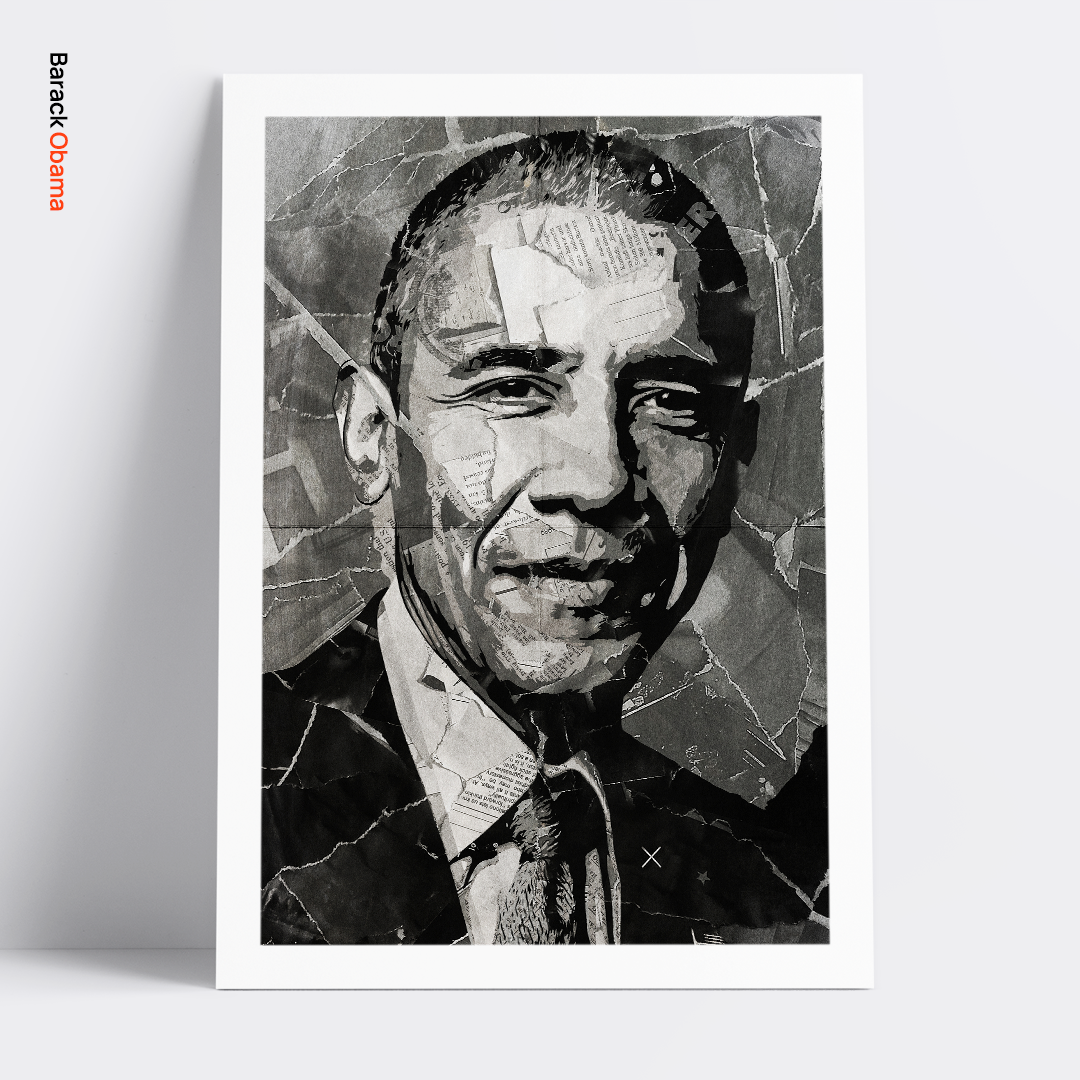 A Barack Obama poster design - a portrait of Obama made using a collage of torn pieces of magazine pages in black and white.