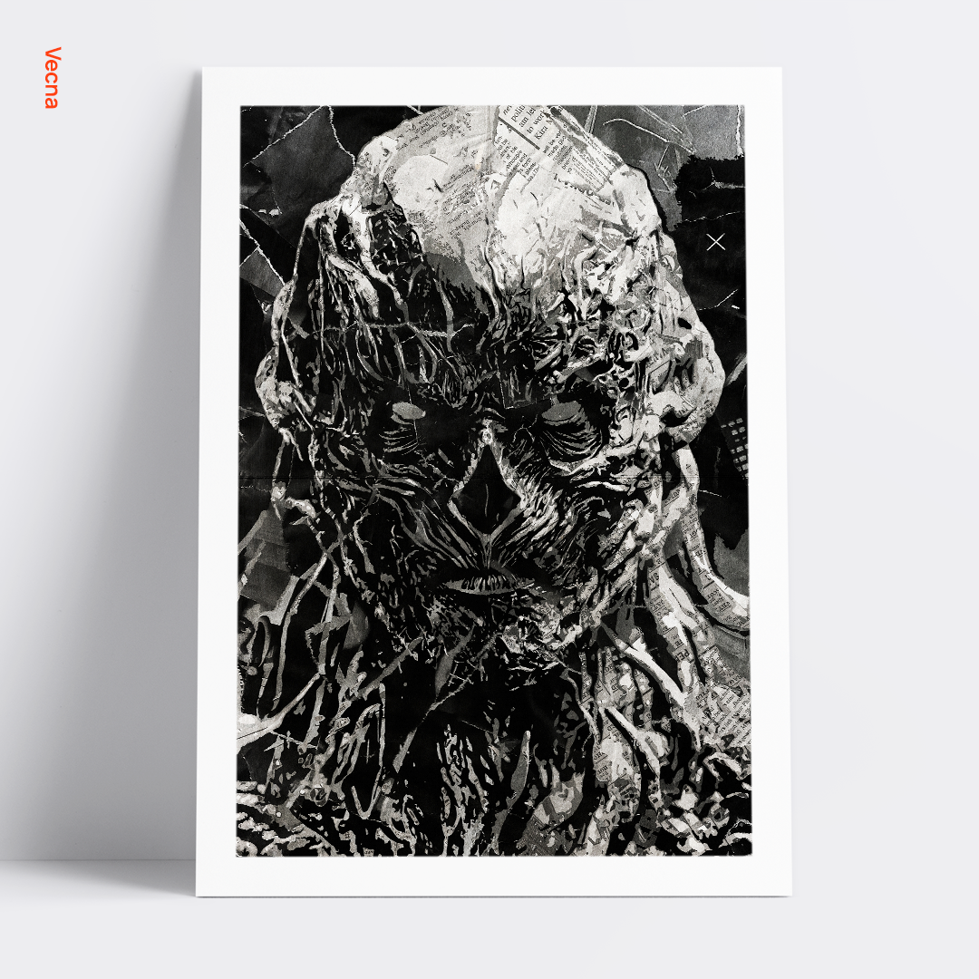 A Vecna poster design - a portrait of Vecna made using a collage of torn pieces of magazine pages in black and white.