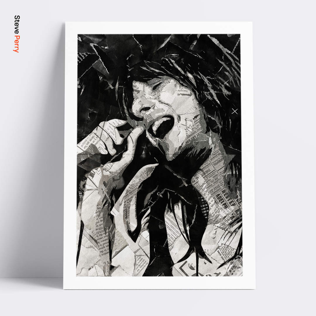 A Steve Perry of Journey poster design - a portrait of Steve made using a collage of torn pieces of magazine pages in black and white.