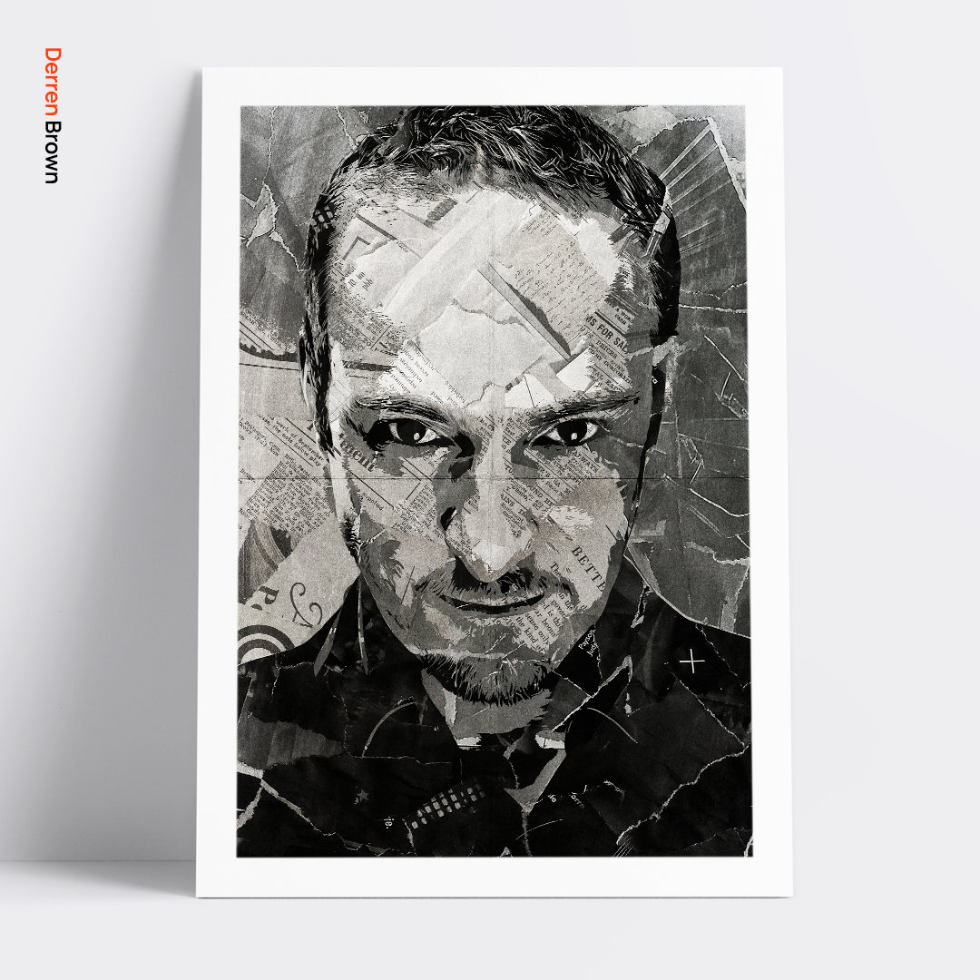 A Derren Brown poster design - a portrait of Derren made using a collage of torn pieces of magazine pages in black and white.