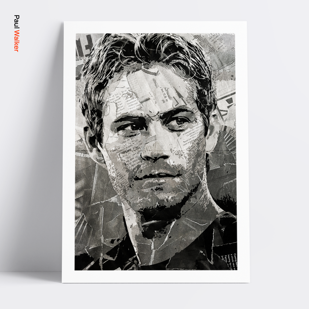 A Paul Walker poster design - a portrait of Paul made using a collage of torn pieces of magazine pages in black and white.