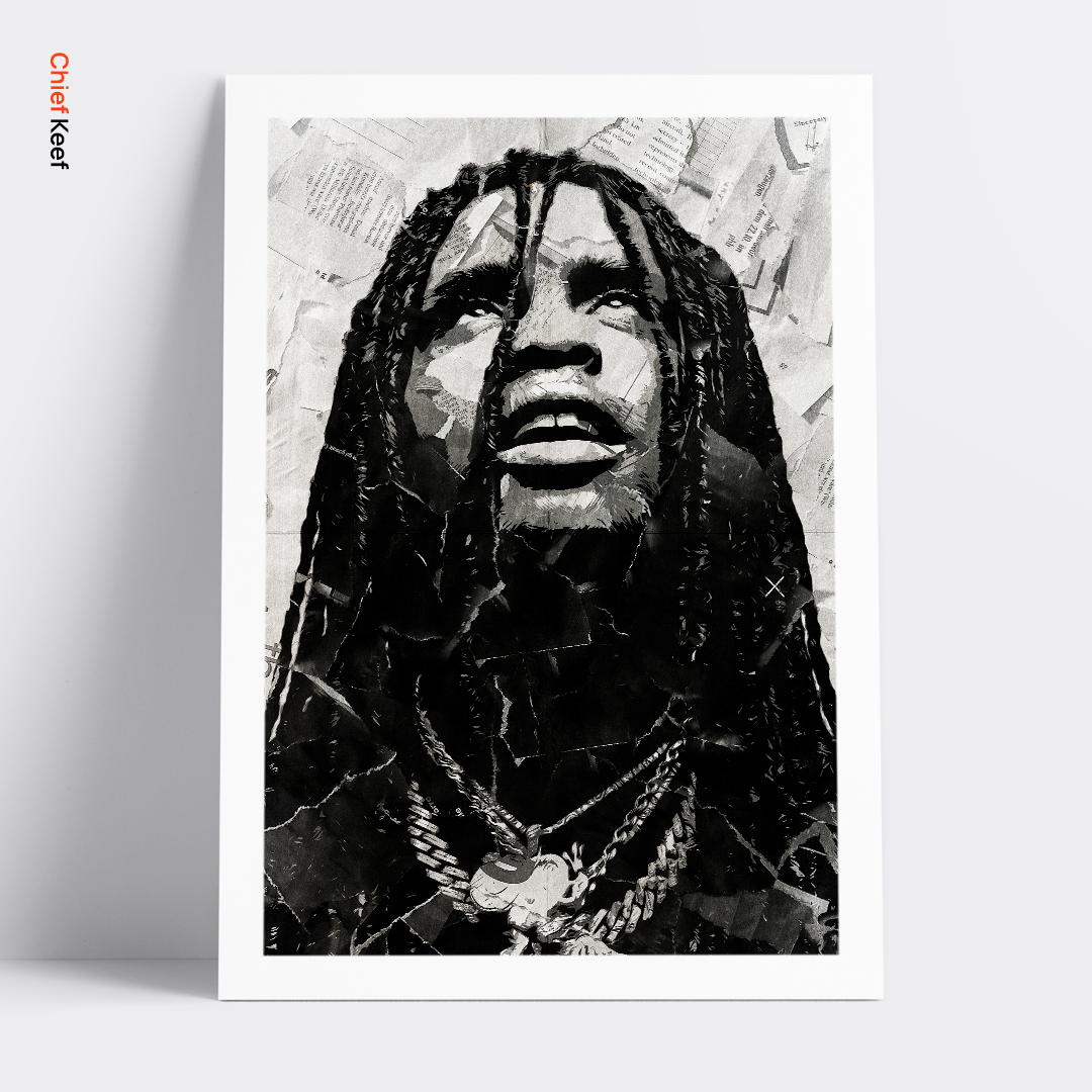 A Chief Keef poster design - a portrait of Chief Keef made using a collage of torn pieces of magazine pages in black and white.