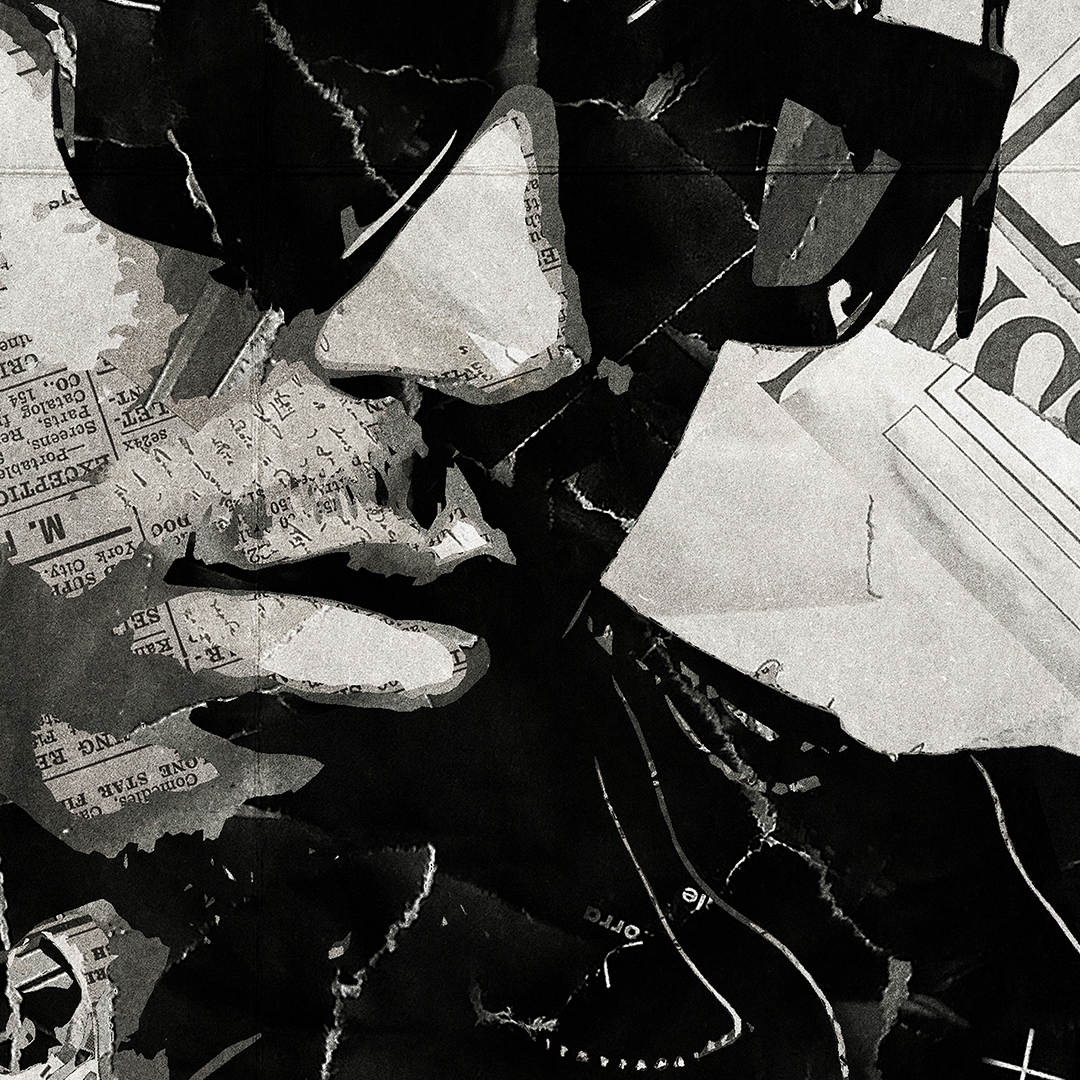 A Juice Wrld poster design - a portrait of Juice Wrld made using a collage of torn pieces of magazine pages in black and white.