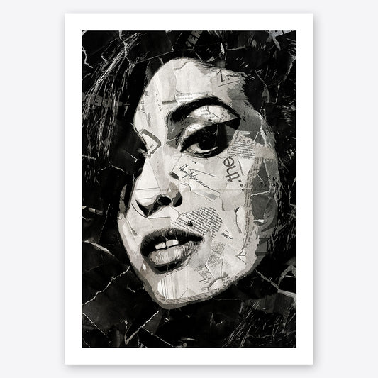 A digital collage portrait of Amy Winehouse created using ripped up magazines and newspaper. An archival standard quality print from The Building House.