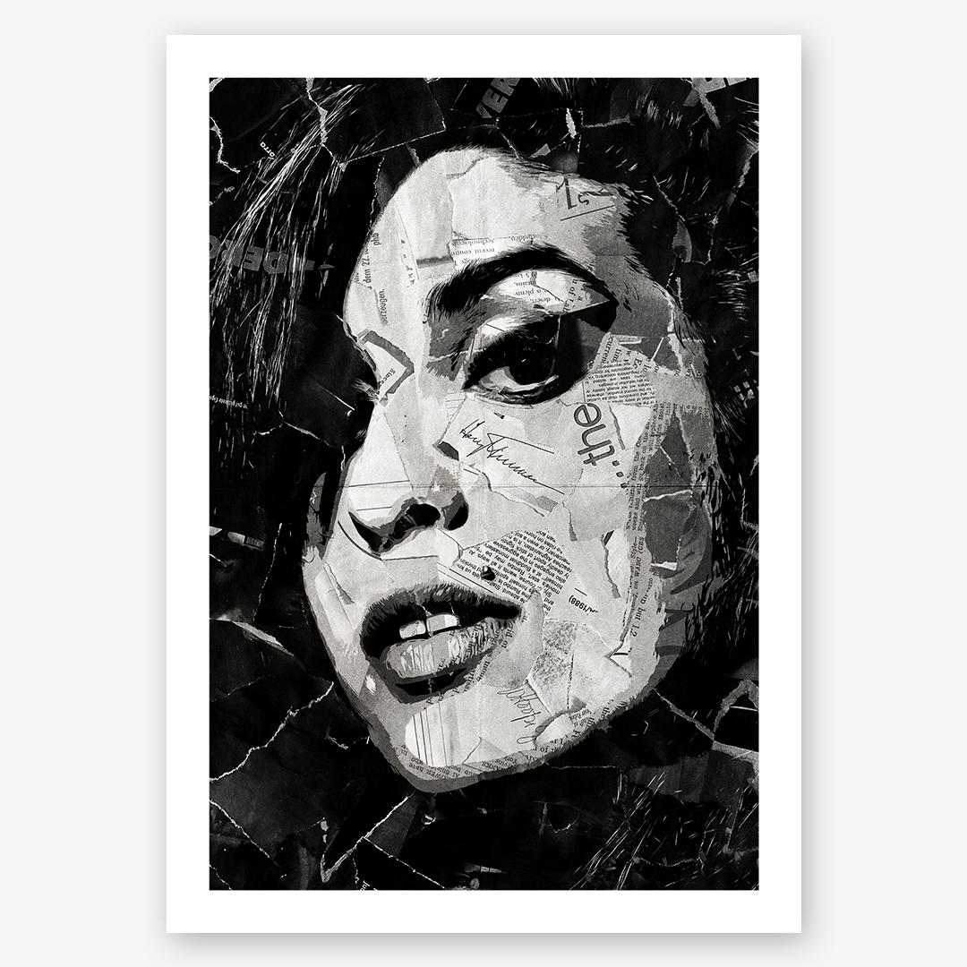 An Amy Winehouse poster design - a portrait of Amy made using a collage of torn pieces of magazine pages in black and white.
