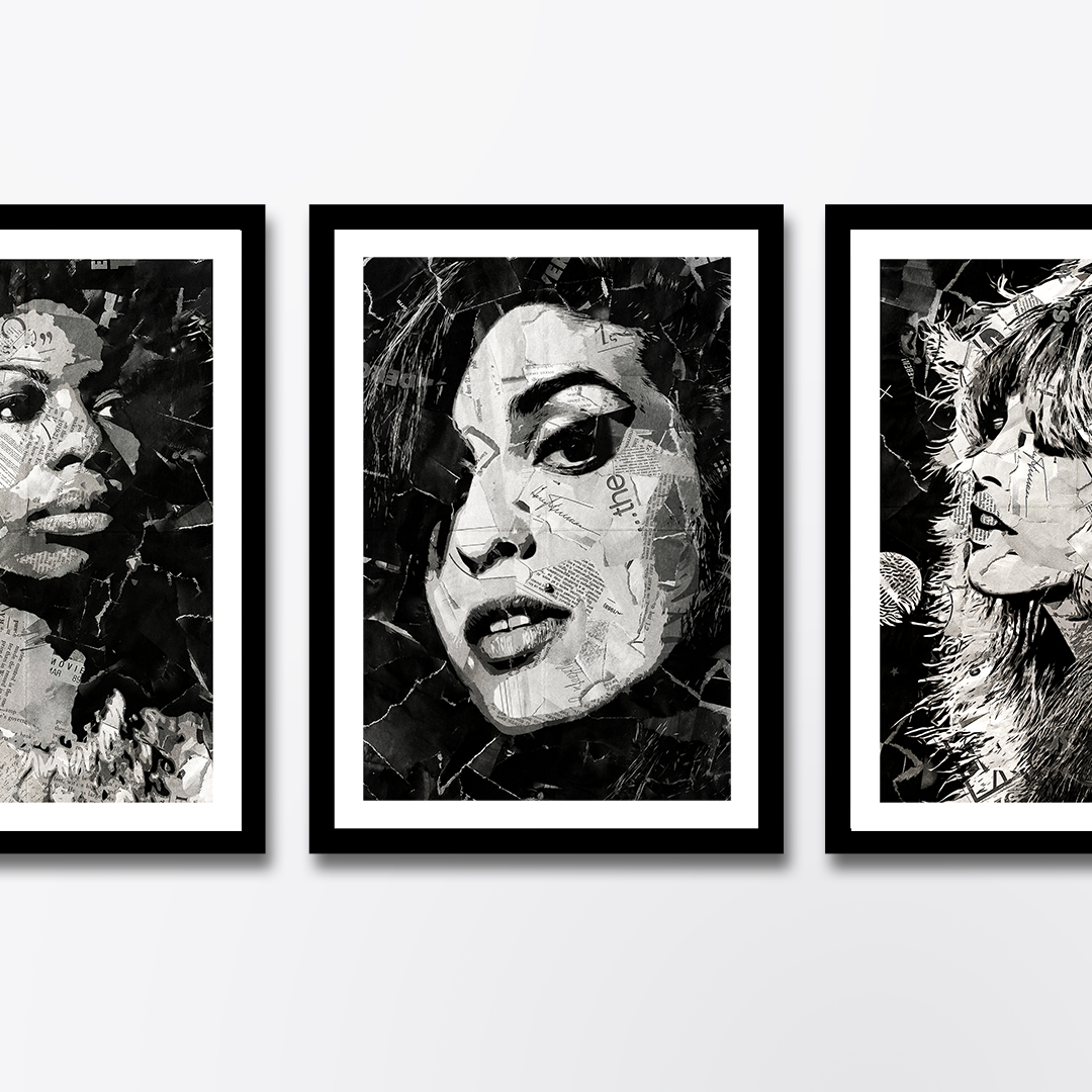An Amy Winehouse poster design - a portrait of Amy made using a collage of torn pieces of magazine pages in black and white.