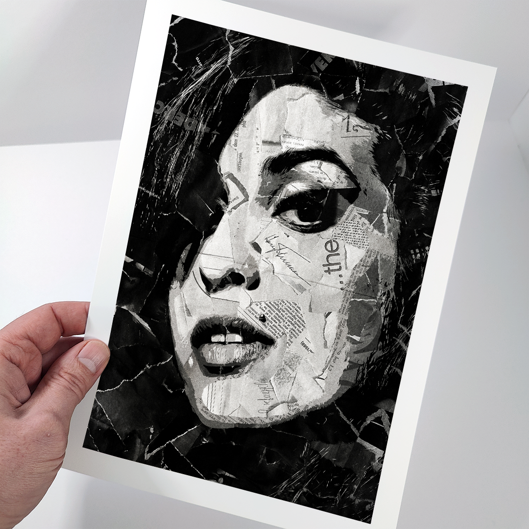 An Amy Winehouse poster design - a portrait of Amy made using a collage of torn pieces of magazine pages in black and white.