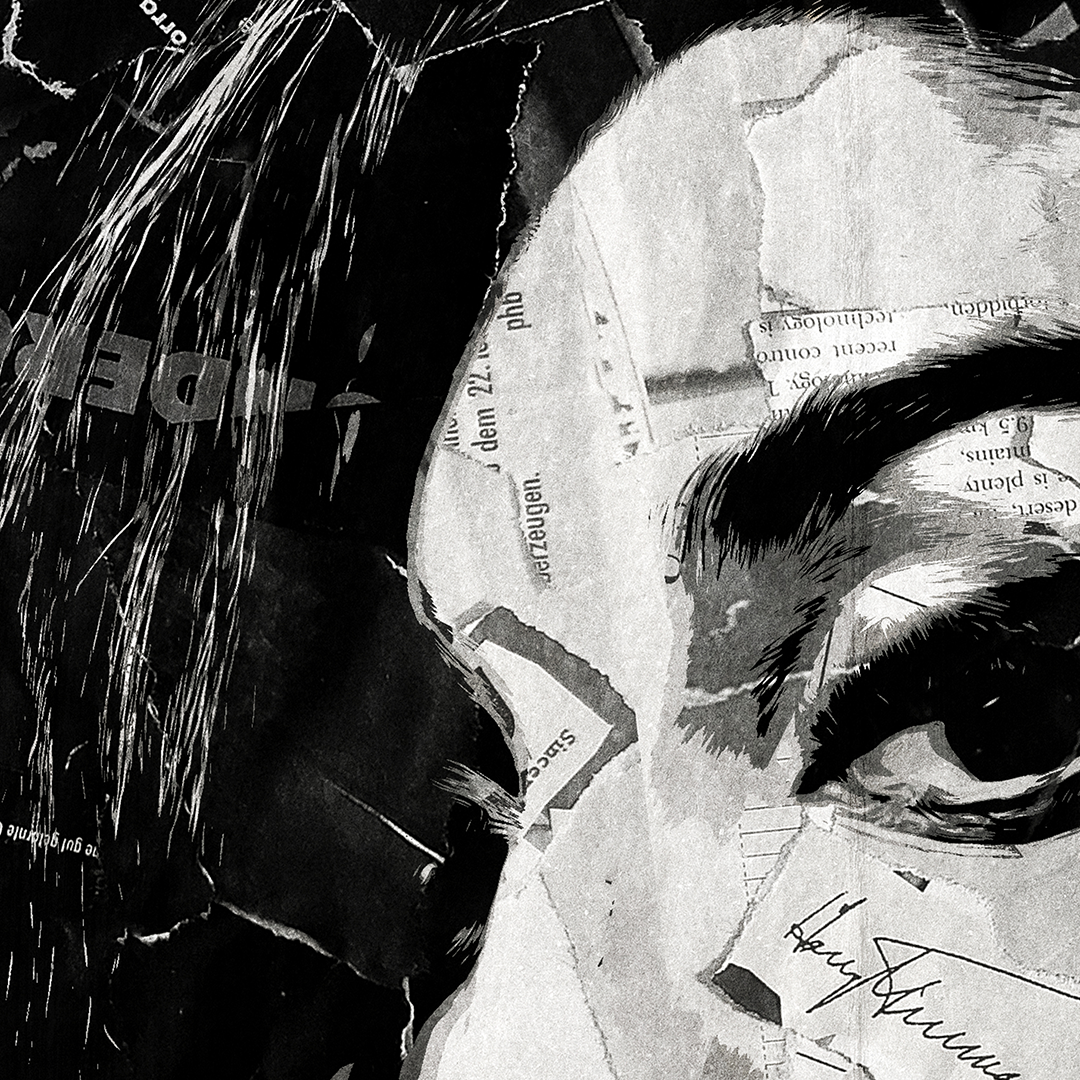 An Amy Winehouse poster design - a portrait of Amy made using a collage of torn pieces of magazine pages in black and white.