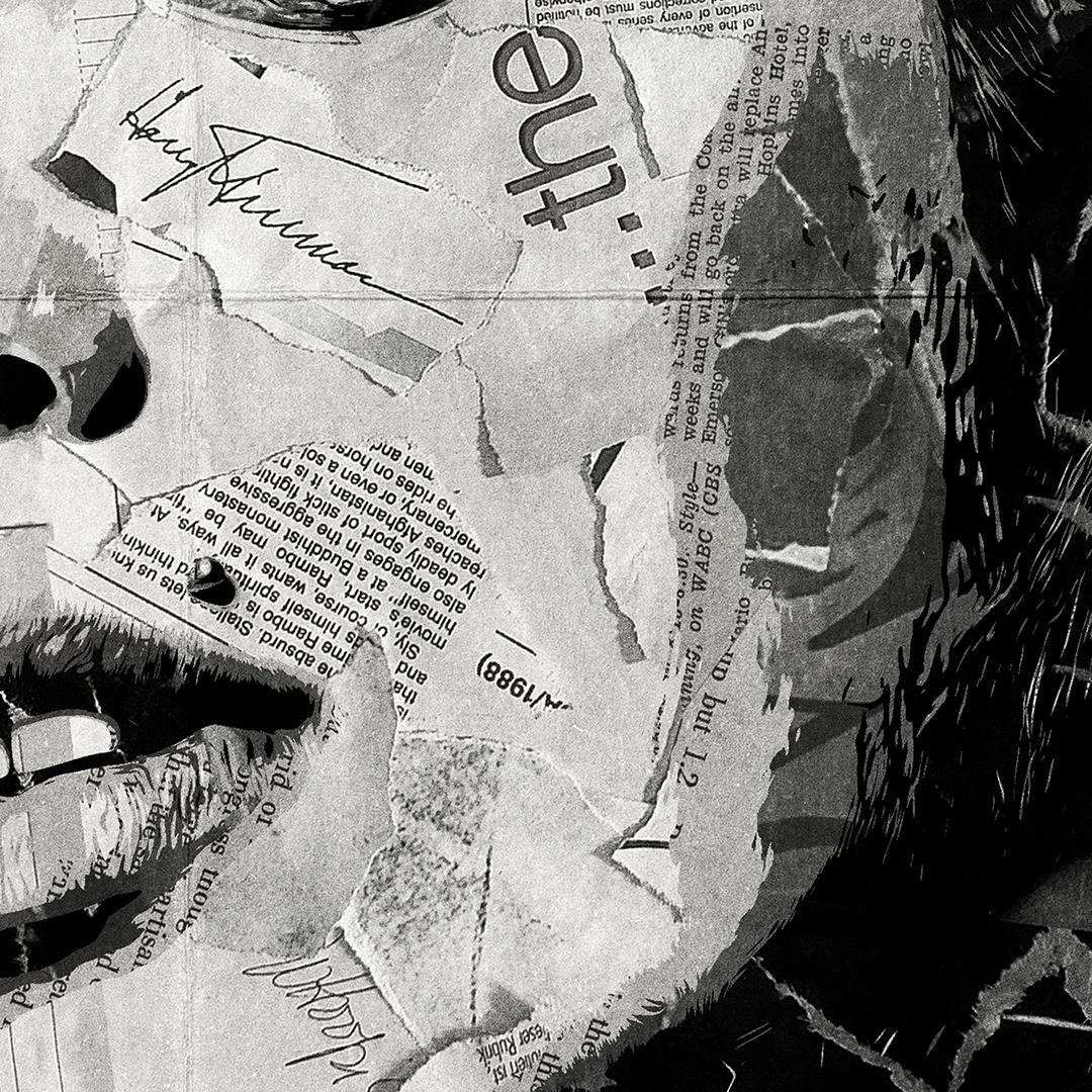 An Amy Winehouse poster design - a portrait of Amy made using a collage of torn pieces of magazine pages in black and white.