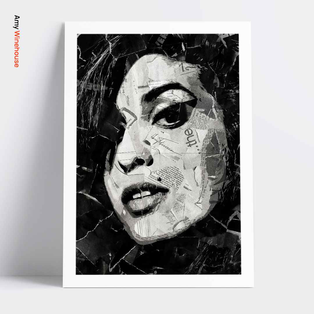 An Amy Winehouse poster design - a portrait of Amy made using a collage of torn pieces of magazine pages in black and white.