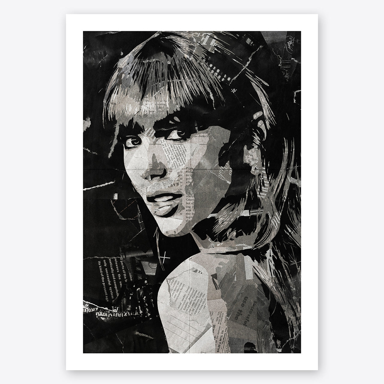 A digital collage portrait of Taylor Swift created using ripped up magazines and newspaper. An archival standard quality print from The Building House.