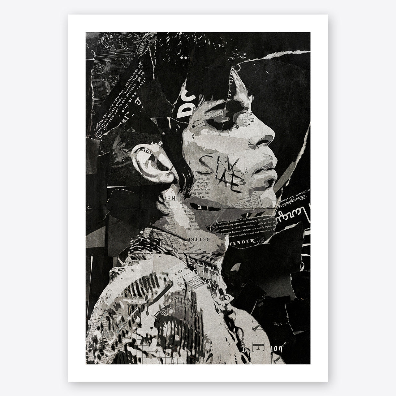 A digital collage portrait of Prince created using ripped up magazines and newspaper. An archival standard quality print from The Building House.