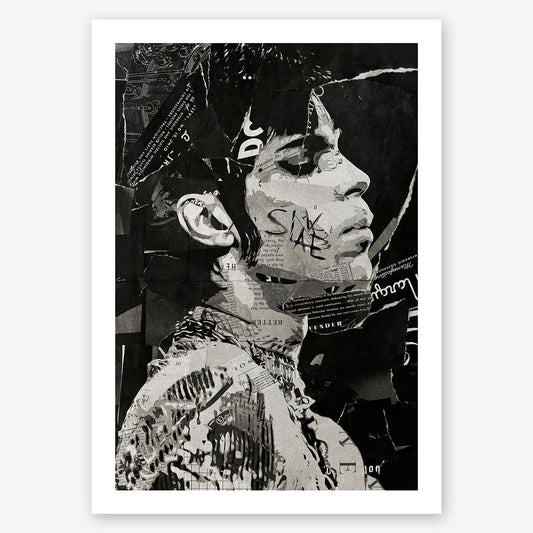 A digital collage portrait of Prince created using ripped up magazines and newspaper. An archival standard quality print from The Building House.