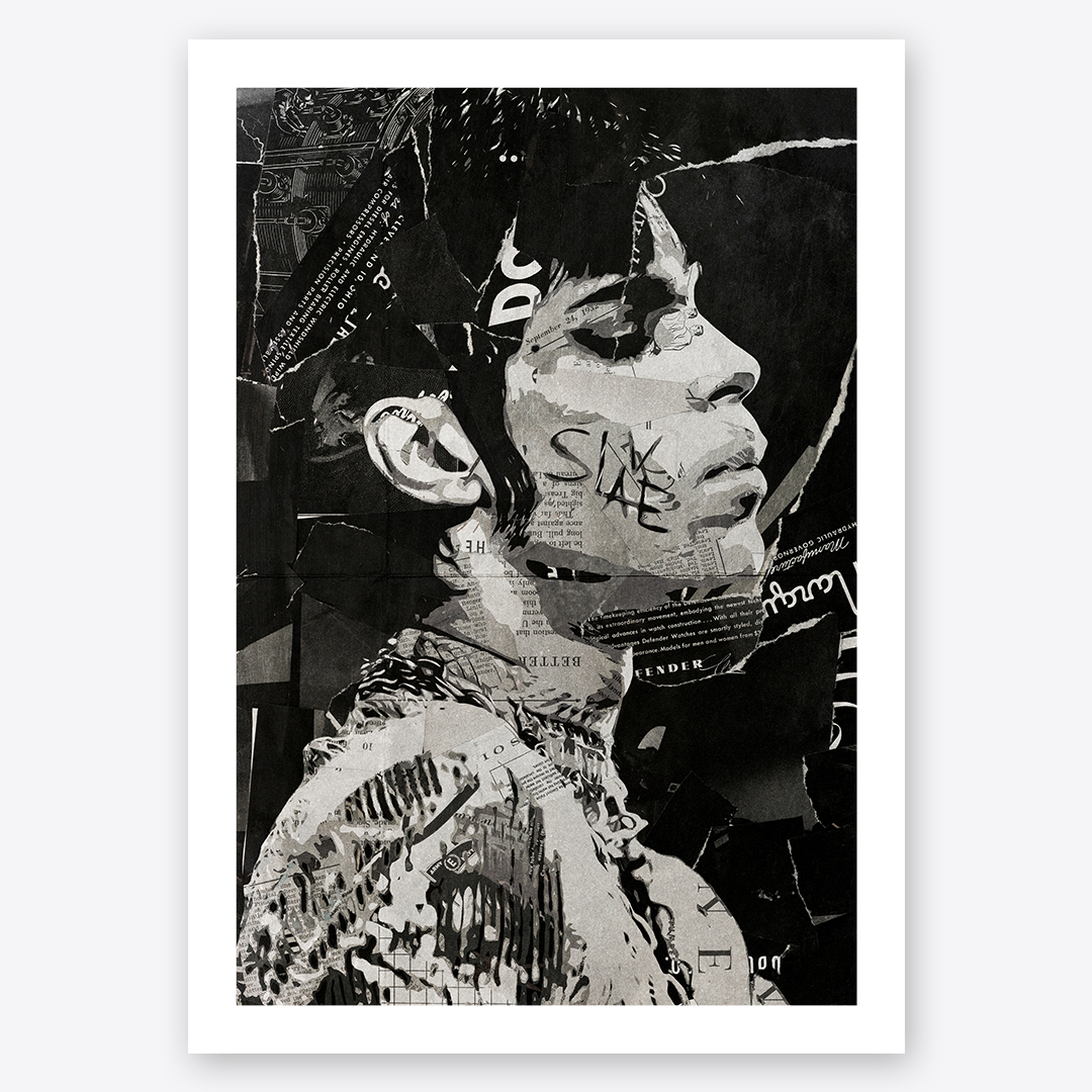 A Prince poster design - a portrait of Prince made using a collage of torn pieces of magazine pages in black and white.