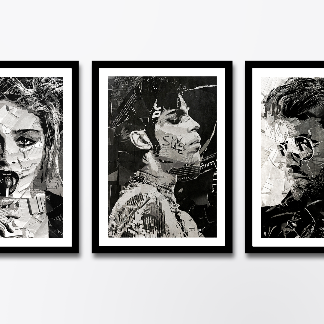 A Prince poster design - a portrait of Prince made using a collage of torn pieces of magazine pages in black and white.