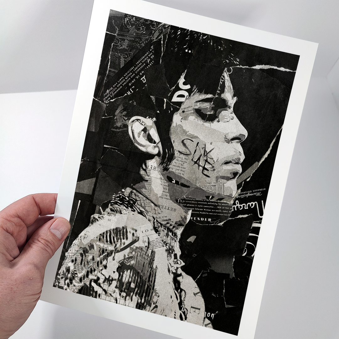 A Prince poster design - a portrait of Prince made using a collage of torn pieces of magazine pages in black and white.
