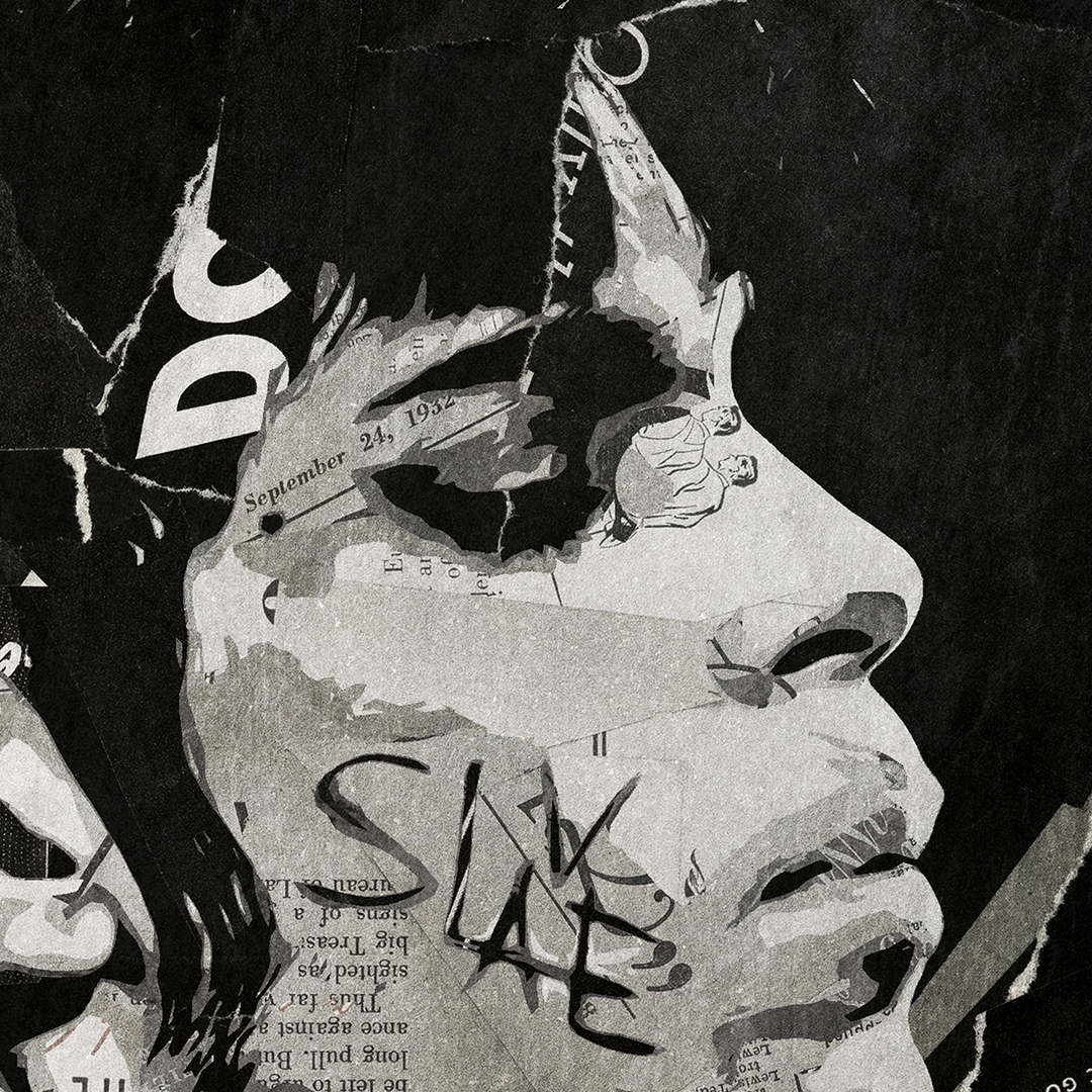 A Prince poster design - a portrait of Prince made using a collage of torn pieces of magazine pages in black and white.
