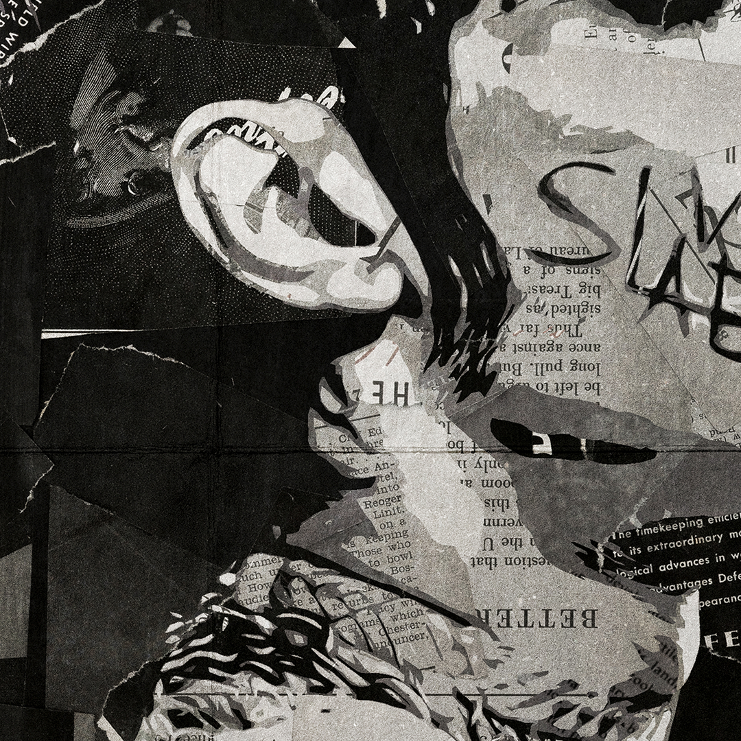 A Prince poster design - a portrait of Prince made using a collage of torn pieces of magazine pages in black and white.