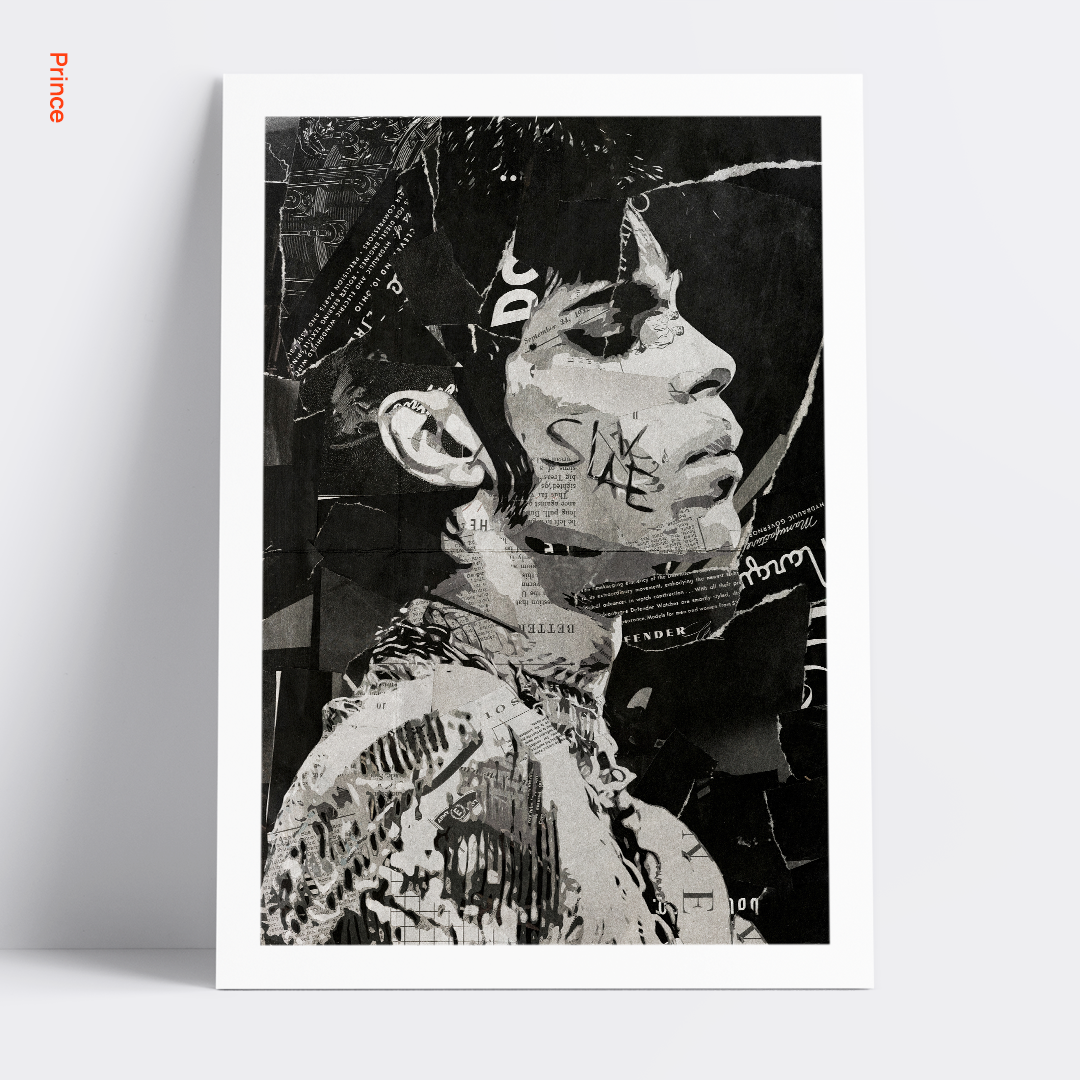A Prince poster design - a portrait of Prince made using a collage of torn pieces of magazine pages in black and white.