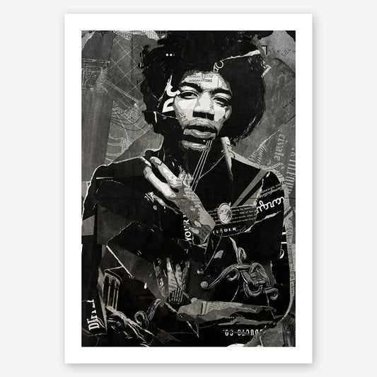 A digital collage portrait of Jimi Hendrix created using ripped up magazines and newspaper. An archival standard quality print from The Building House.