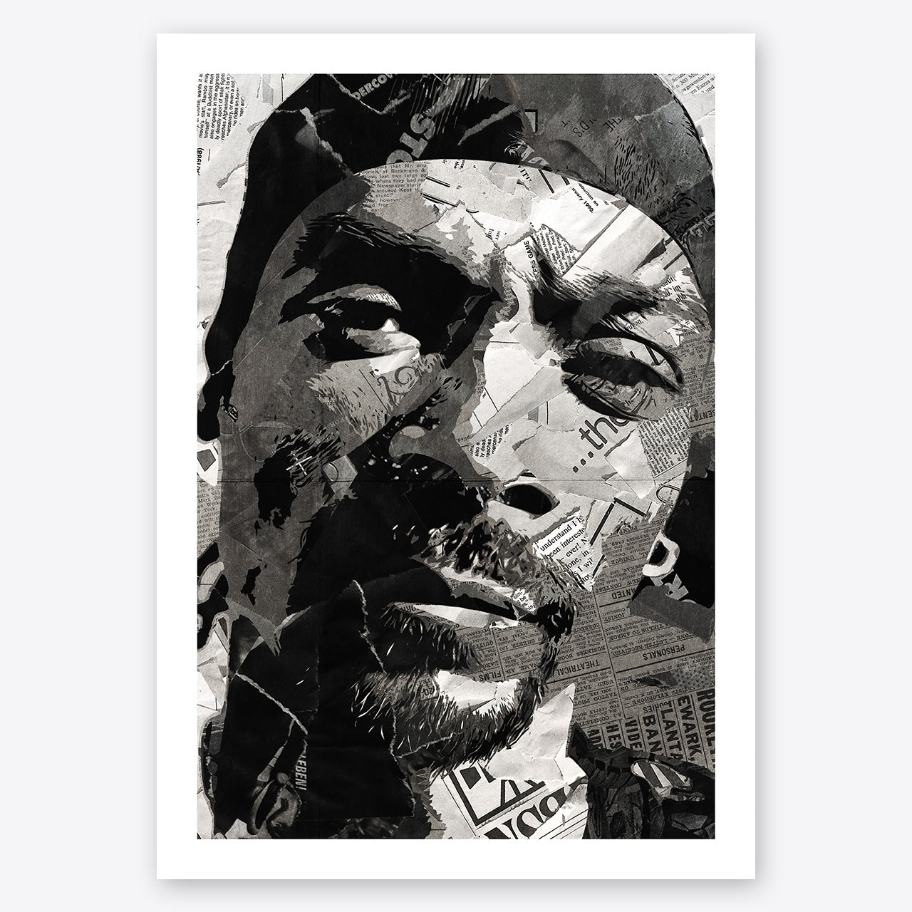 A digital collage portrait of Snoop Dogg created using ripped up magazines and newspaper. An archival standard quality print from The Building House.