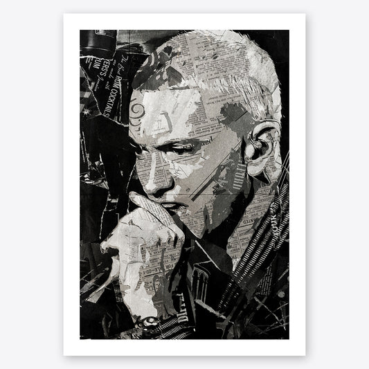 A digital collage portrait of Eminem created using ripped up magazines and newspaper. An archival standard quality print from The Building House.