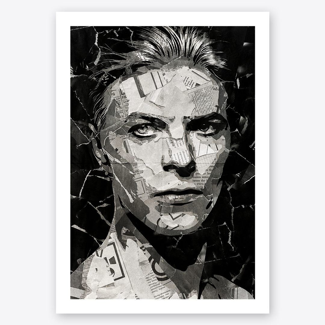 A David Bowie poster design - a portrait of Dave made using a collage of torn pieces of magazine pages in black and white.
