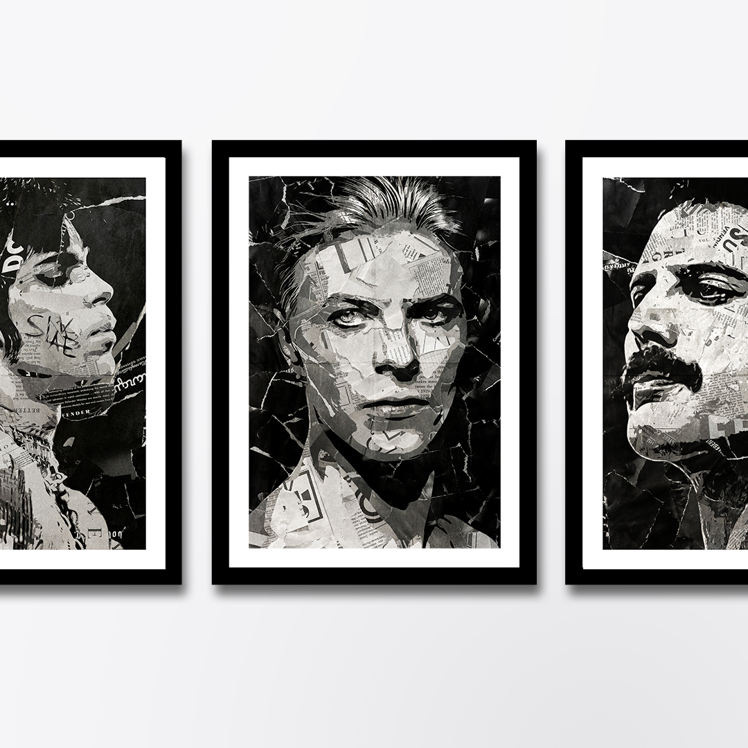 A David Bowie poster design - a portrait of Dave made using a collage of torn pieces of magazine pages in black and white.