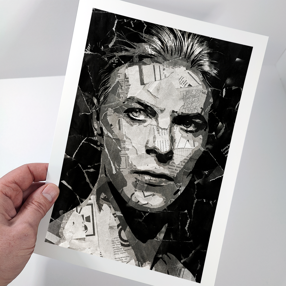 A David Bowie poster design - a portrait of Dave made using a collage of torn pieces of magazine pages in black and white.