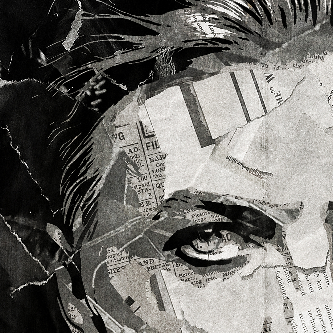 A David Bowie poster design - a portrait of Dave made using a collage of torn pieces of magazine pages in black and white.