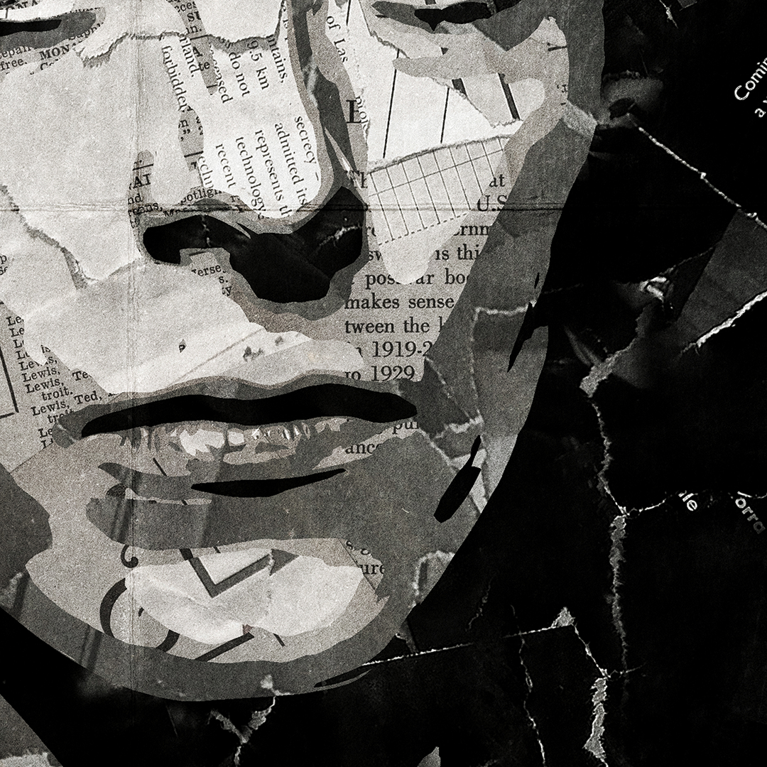 A David Bowie poster design - a portrait of Dave made using a collage of torn pieces of magazine pages in black and white.