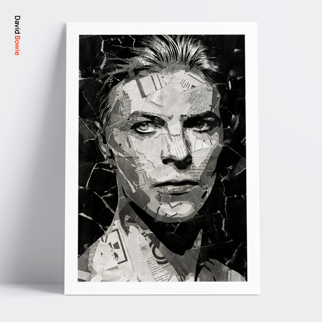 A David Bowie poster design - a portrait of Dave made using a collage of torn pieces of magazine pages in black and white.