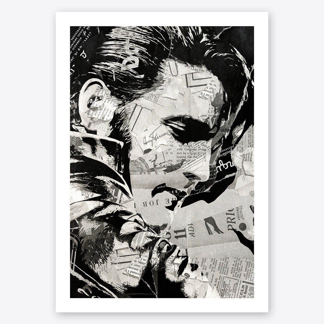 A digital collage portrait of Elvis Presley created using ripped up magazines and newspaper. An archival standard quality print from The Building House.