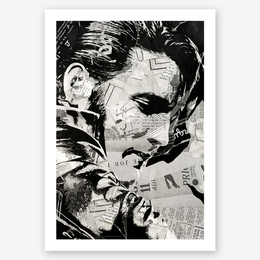 An Elvis Presley poster design - a portrait of The King made using a collage of torn pieces of magazine pages in black and white.