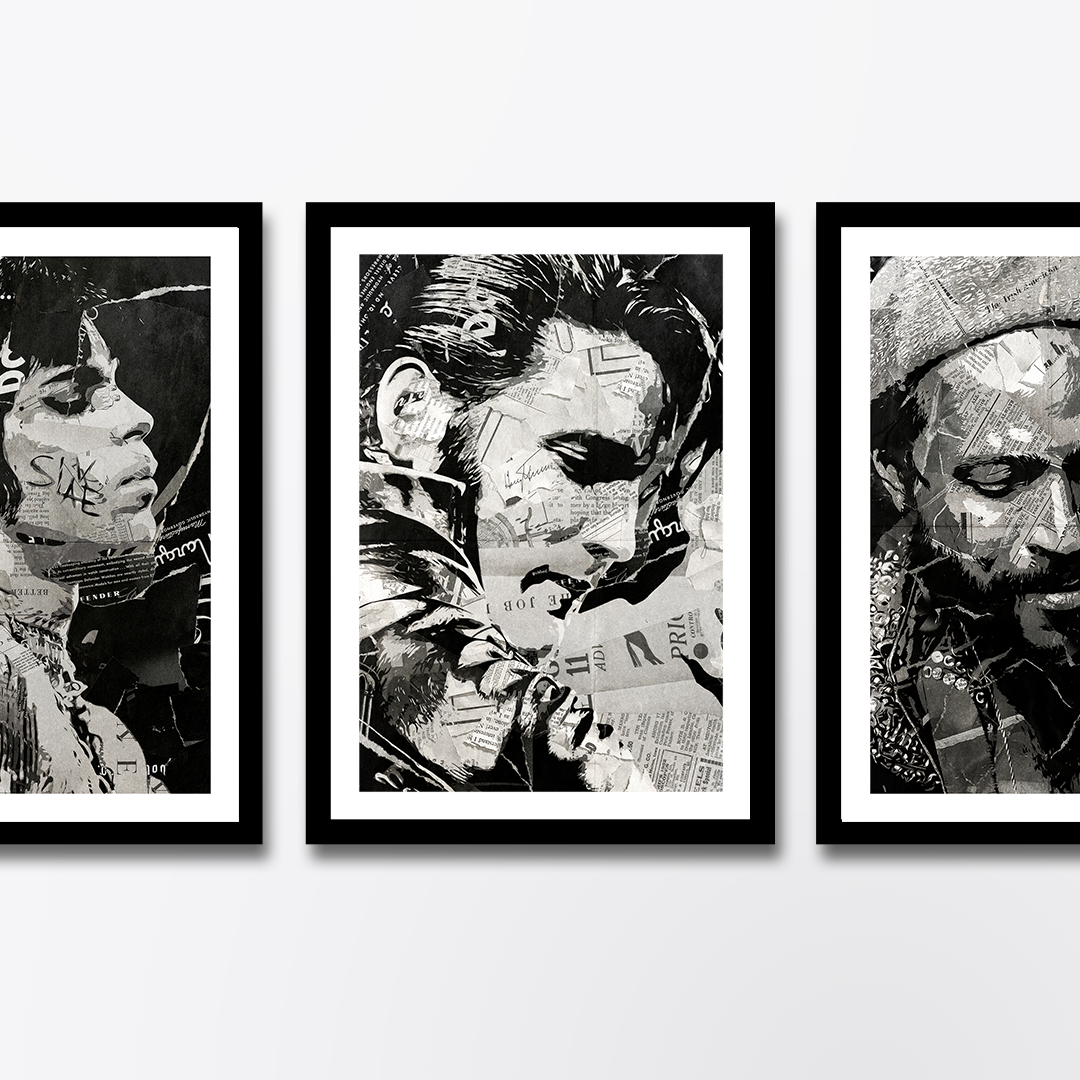 An Elvis Presley poster design - a portrait of The King made using a collage of torn pieces of magazine pages in black and white.