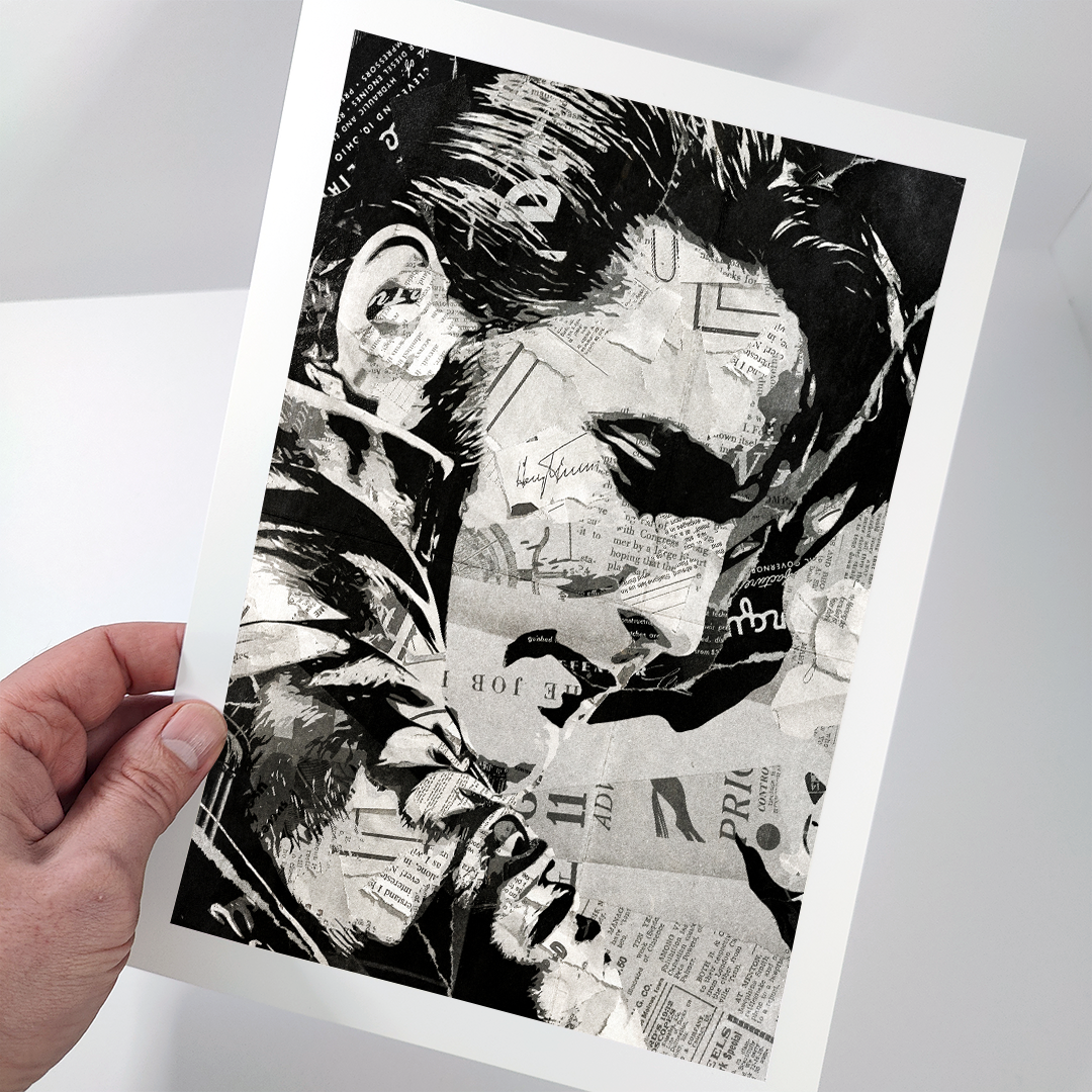 An Elvis Presley poster design - a portrait of The King made using a collage of torn pieces of magazine pages in black and white.
