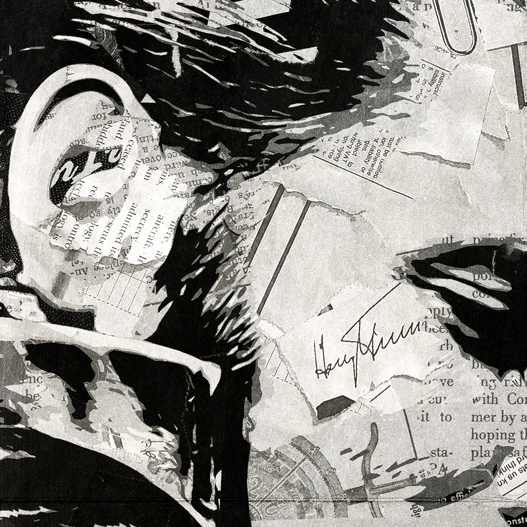An Elvis Presley poster design - a portrait of The King made using a collage of torn pieces of magazine pages in black and white.
