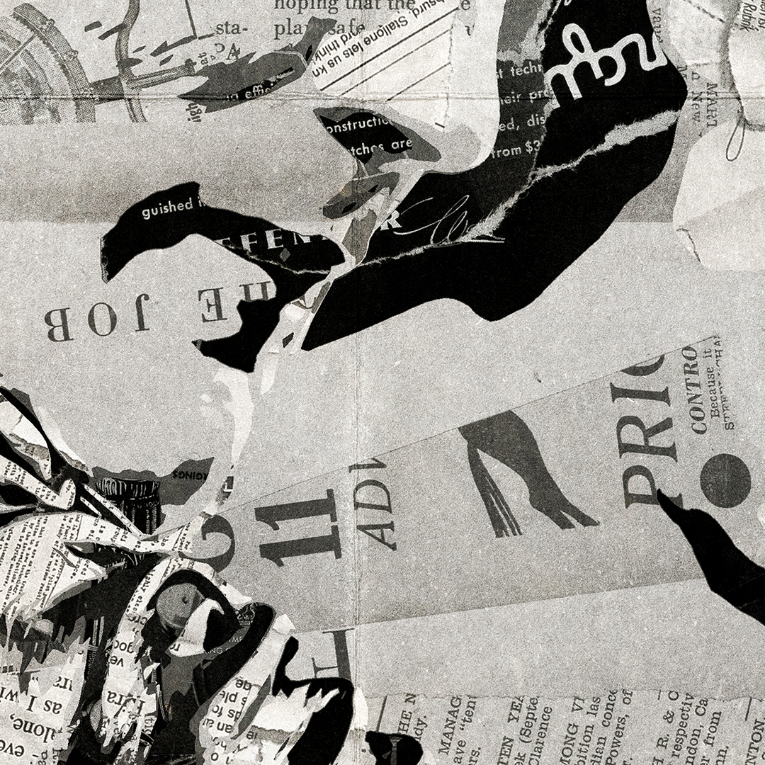 An Elvis Presley poster design - a portrait of The King made using a collage of torn pieces of magazine pages in black and white.