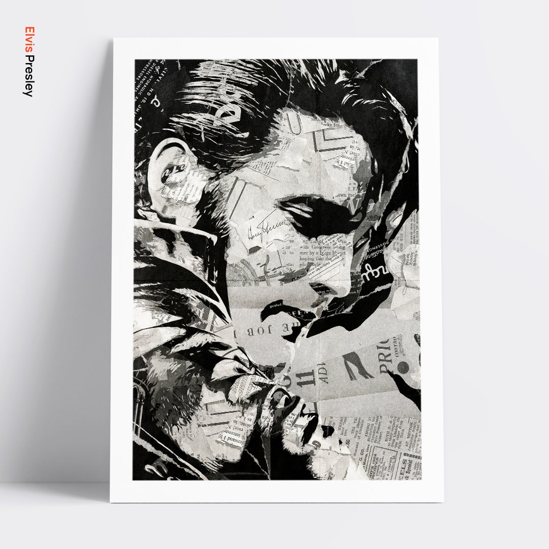 An Elvis Presley poster design - a portrait of The King made using a collage of torn pieces of magazine pages in black and white.