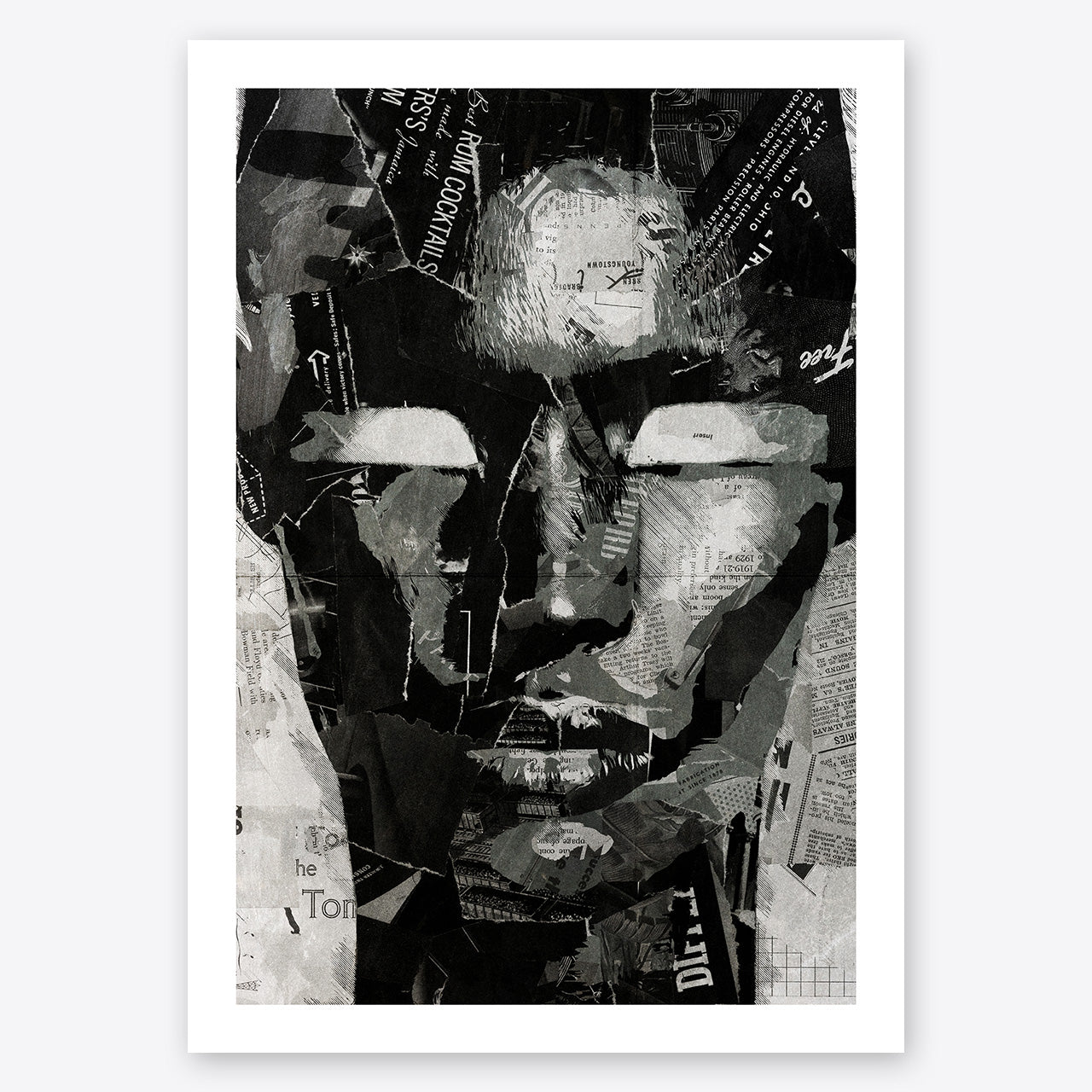 A digital collage portrait of Grace Jones created using ripped up magazines and newspaper. An archival standard quality print from The Building House.