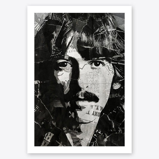 A digital collage portrait of George Harrison of the Beatles created using ripped up magazines and newspaper. An archival standard quality print from The Building House.